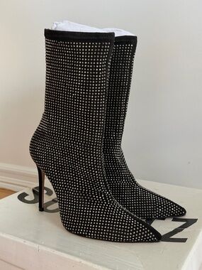 Schutz Rhinestone Black Faux Suede Ankle Boots Stiletto Heel Booties Size 7.5